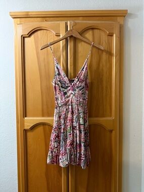 Angie Multicolor Printed Spaghetti Strap Dress in Pink, Orange & Green